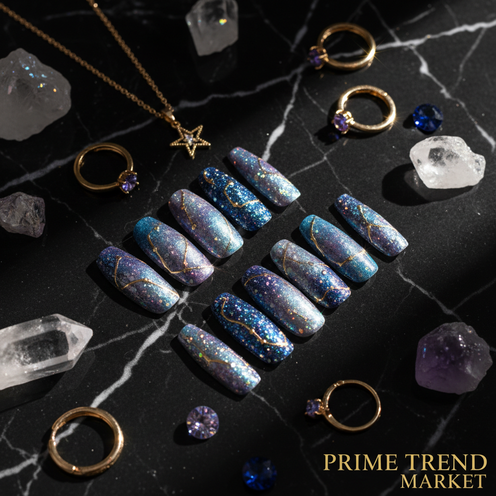 Nebula Glint 3D hand-painted press on nails cosmic flatlay on black marble