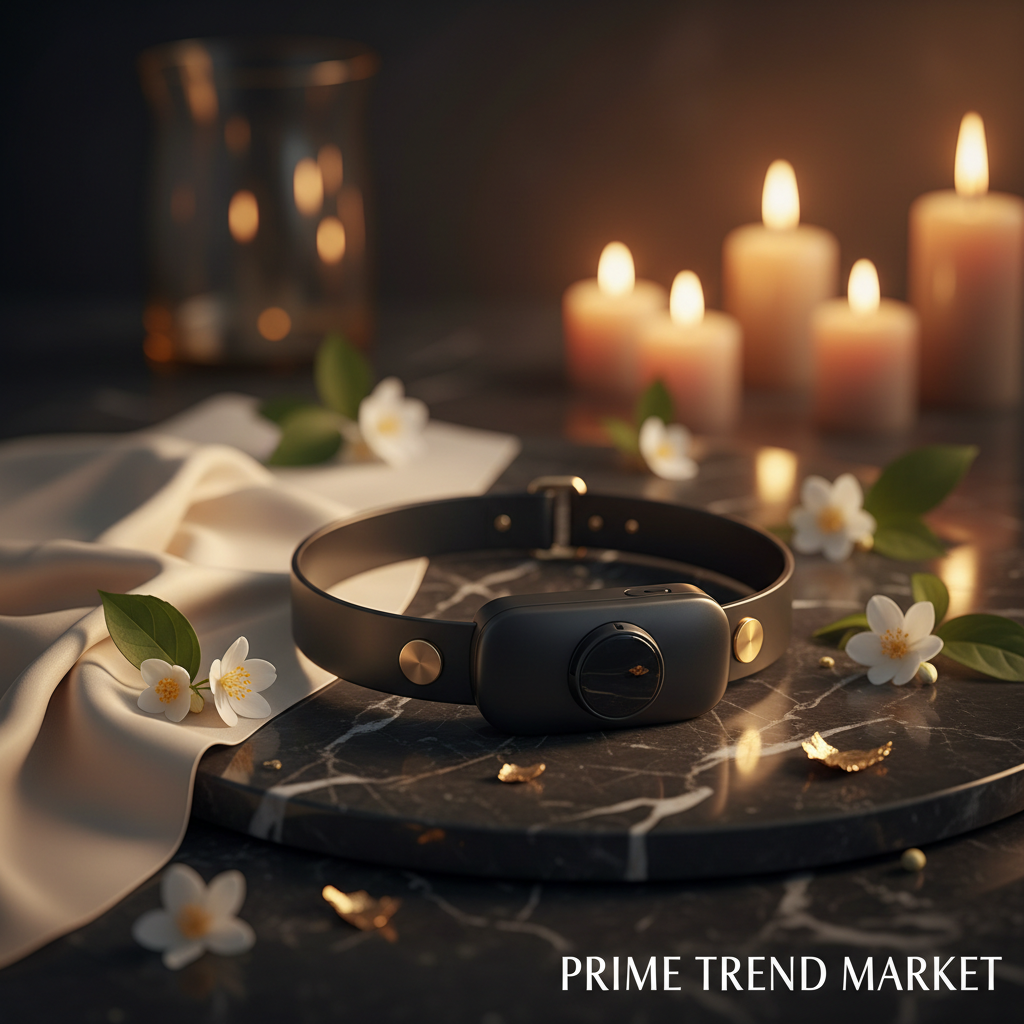 Black dog GPS tracker collar on black marble with jasmine flowers and gold accents - Prime Trend Market