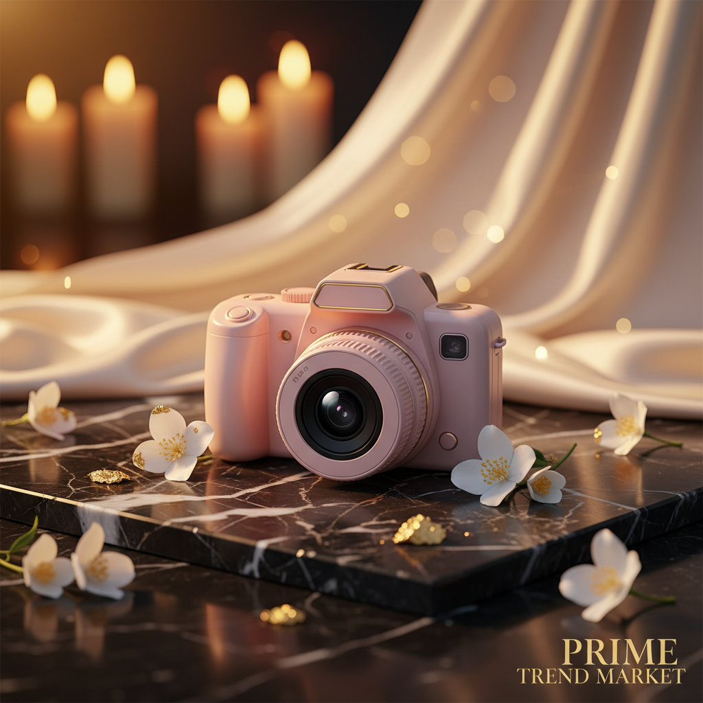 KidShot pink mini DSLR camera on dark marble with jasmine