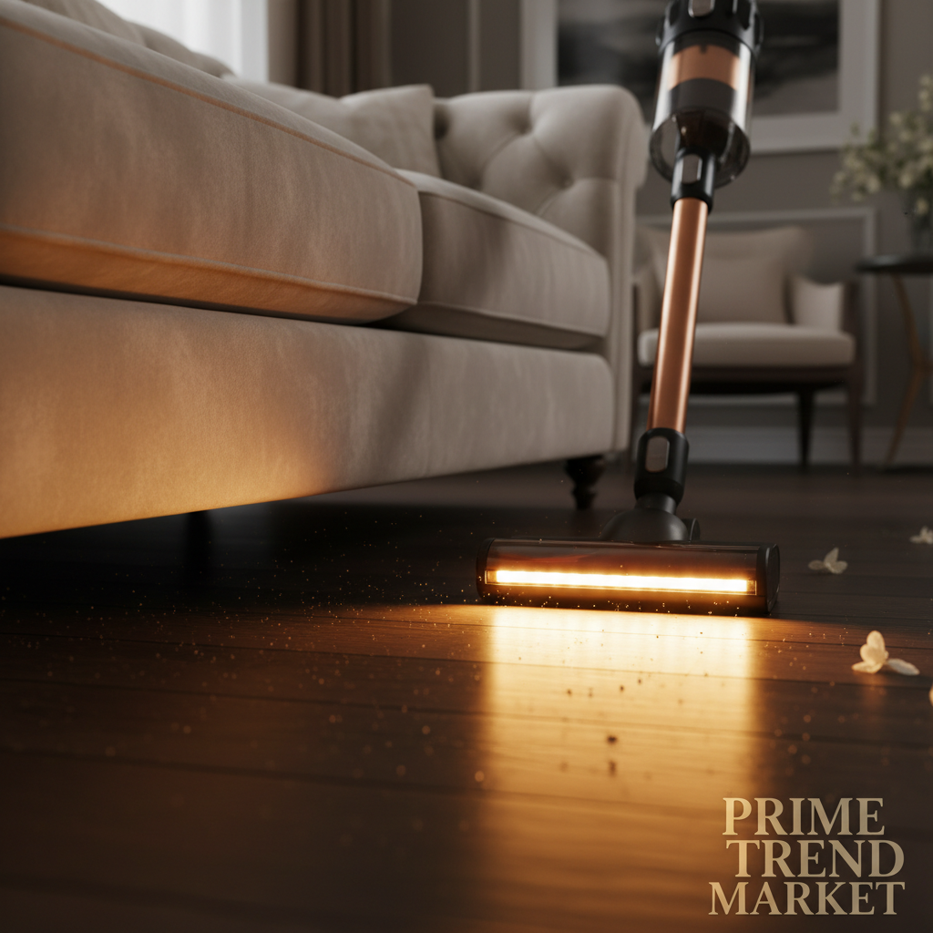 Cordless Vacuum LED Light Detail — Illuminating Dark Floor Under Sofa