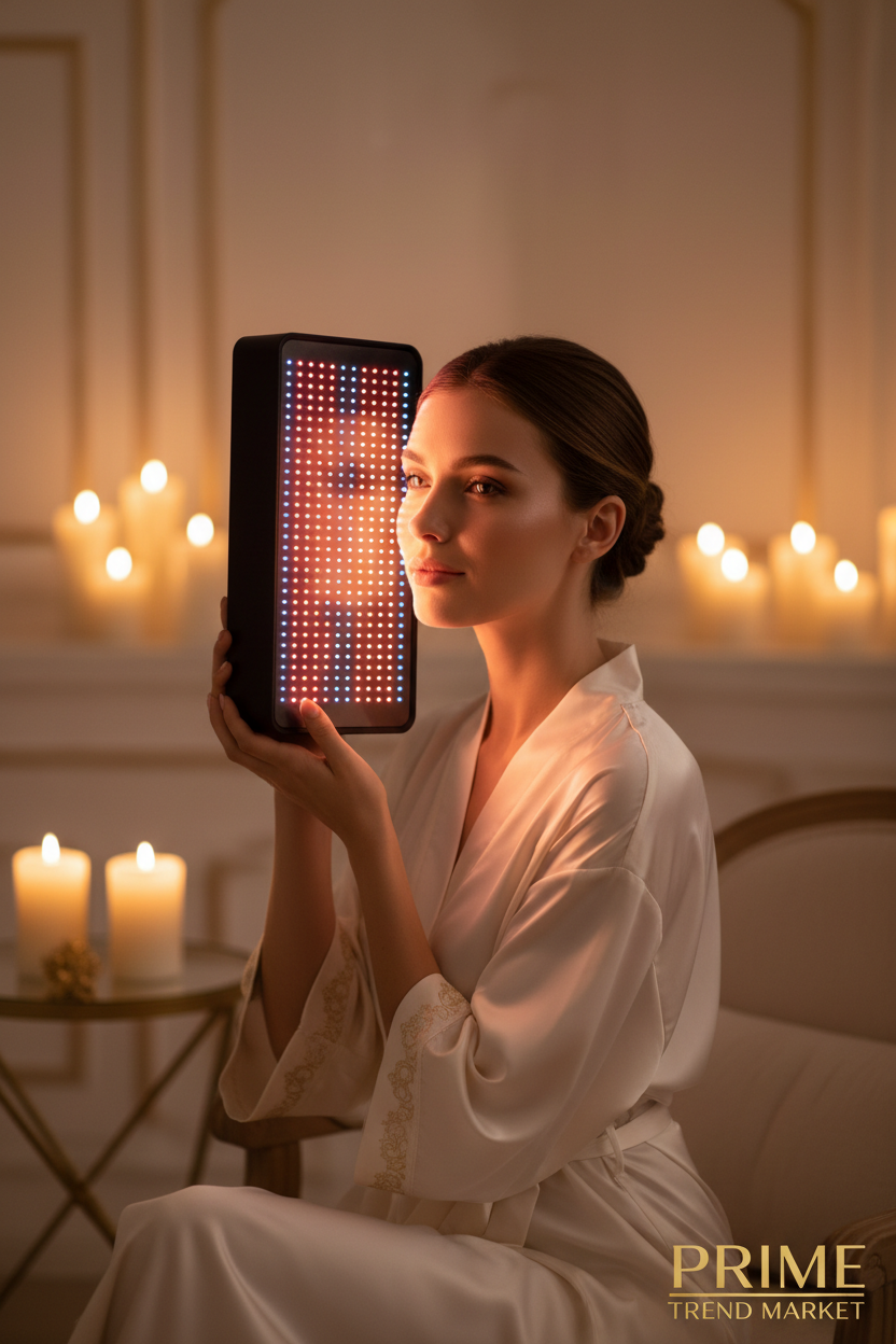 Large-Panel Red & Blue LED Light Therapy Device — Lifestyle Woman Using LED Device