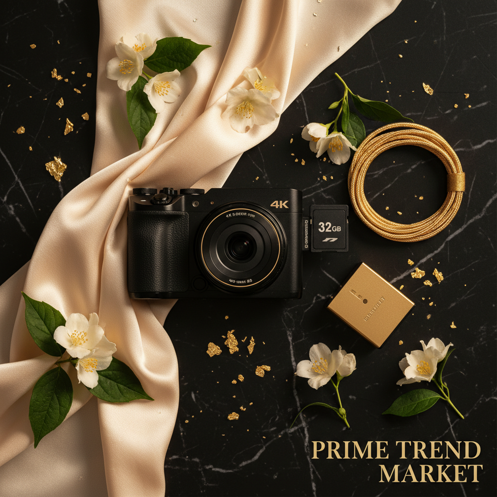 4K Creator Camera flat lay with 32GB card and accessories on black marble — Prime Trend Market