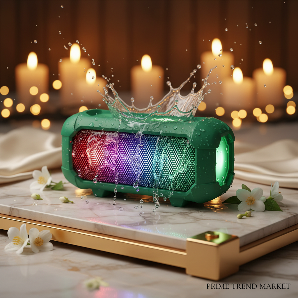 Waterproof Luminous Outdoor Bluetooth Speaker - Green with LED glow and water droplets