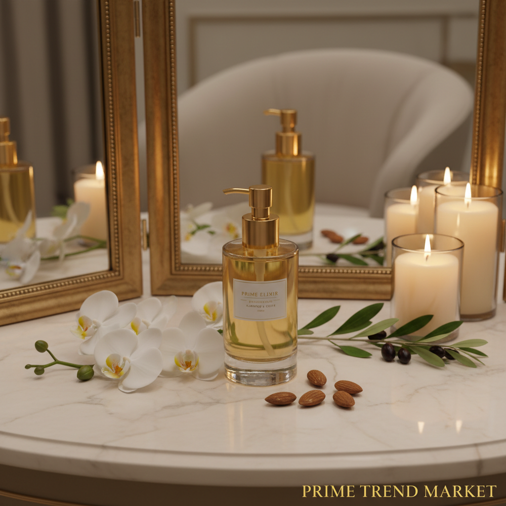 Luxury Daily Massage Oil on vanity with almonds olive branches and gold mirror