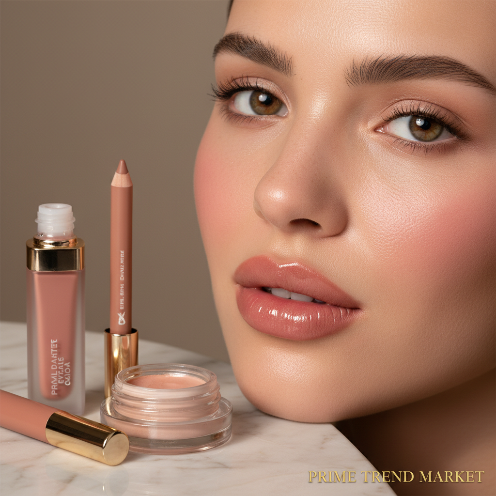 Woman with tinted nude lips and rosy cheeks