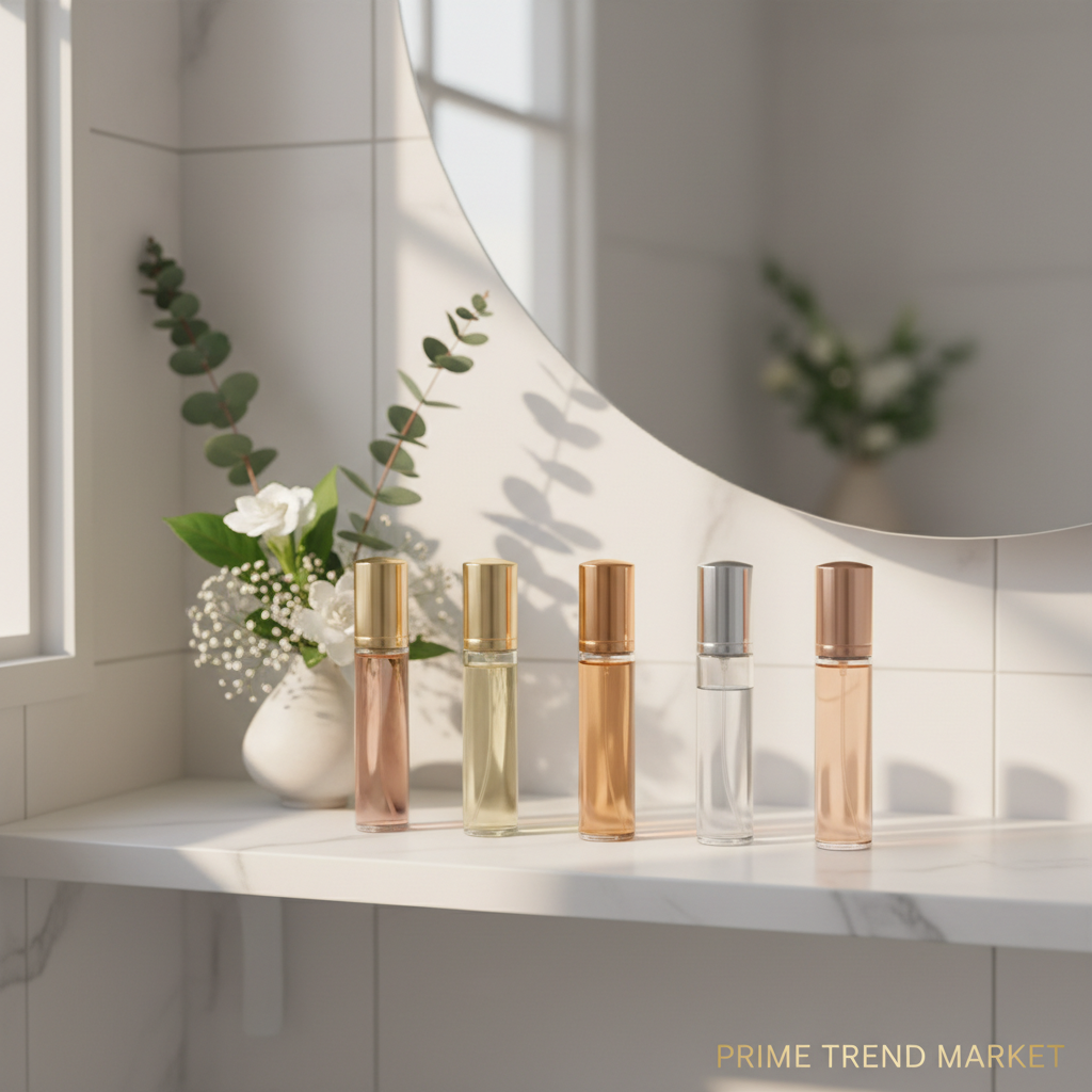6 perfume bottles on vanity shelf with eucalyptus and white flowers