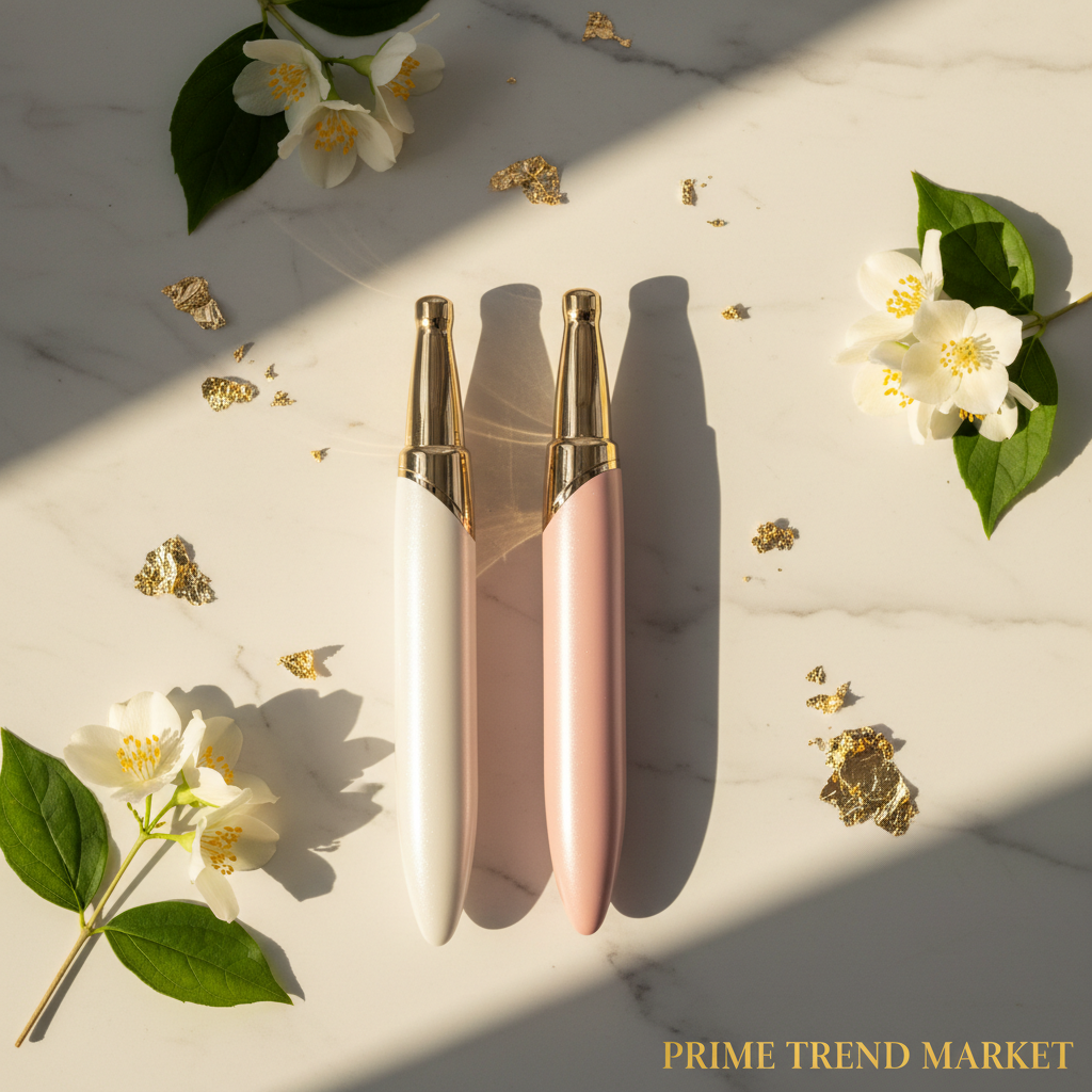 Luxury Eye Ion Therapy Pen Pink and Pearl White duo flatlay on white marble with jasmine flowers