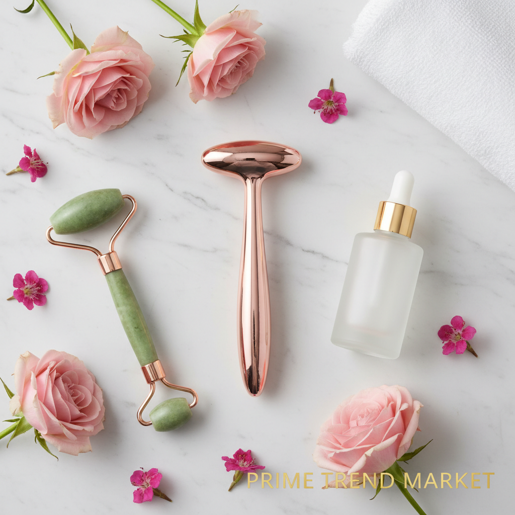 Rose gold facial massager on marble with pink flowers, jade roller and face serum