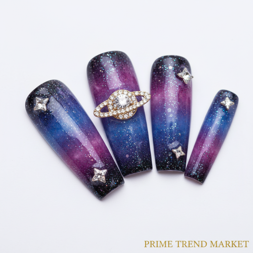 Close-up macro ombre galaxy nail art diamond star saturn planet rhinestone charms