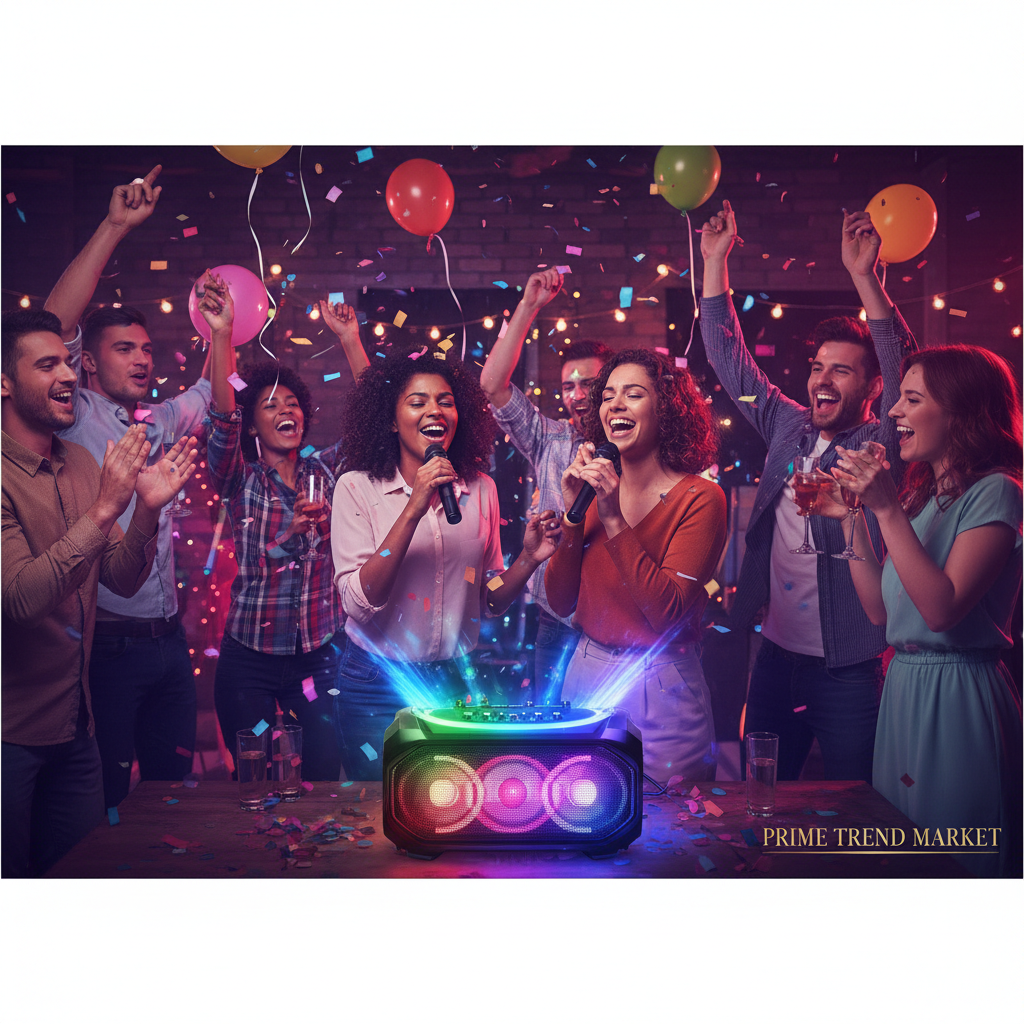 Friends Singing Karaoke with Wireless Microphones and LED Party Speaker — Prime Trend Market