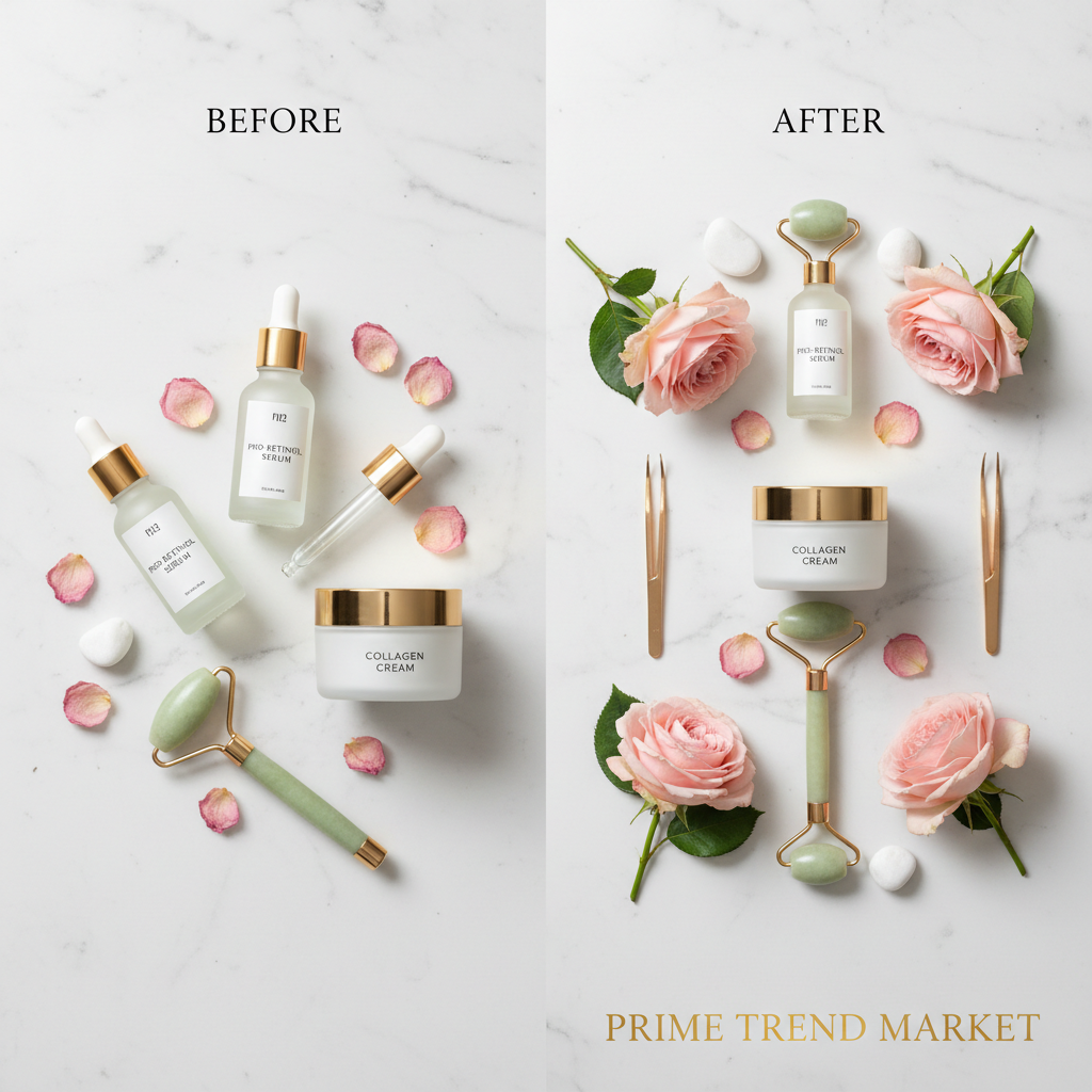 Pro-retinol serum bottle with collagen cream jade roller and pink roses on white marble anti-aging skincare flat lay