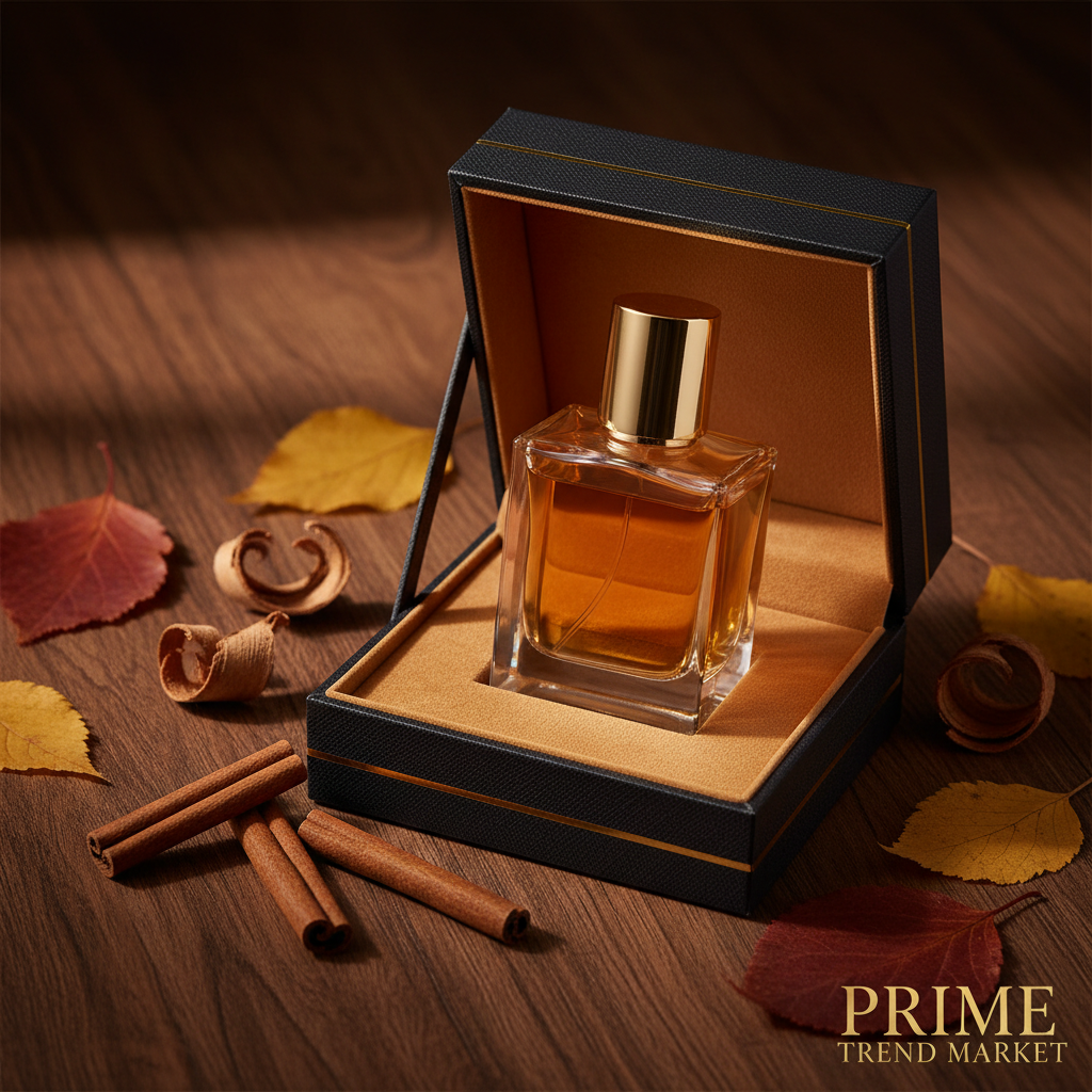 FATIYA cologne bottle and gift box on walnut wood with autumn spices and cinnamon