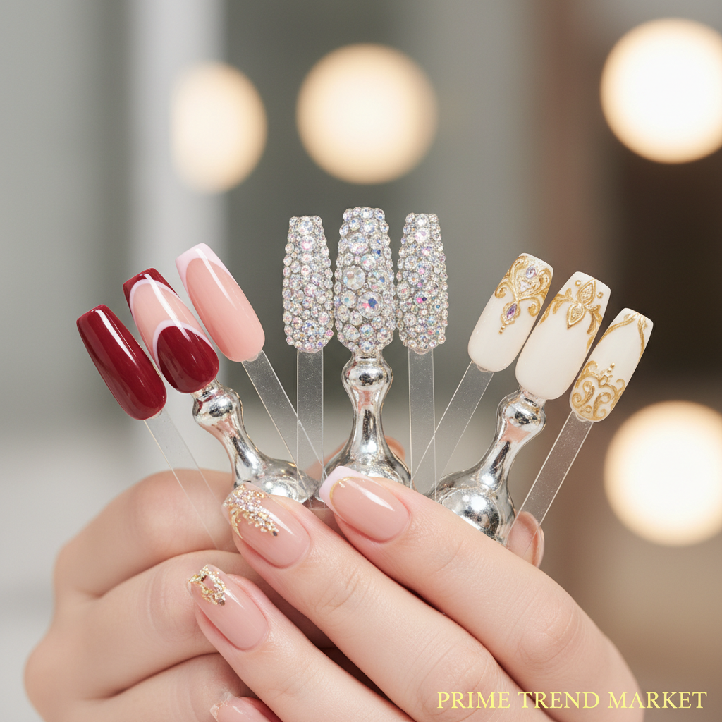 Three press-on nail styles on woman's hands