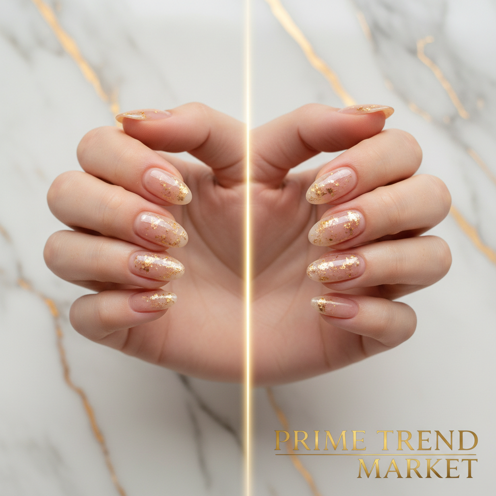 Before and after gilded whisper press on nail transformation