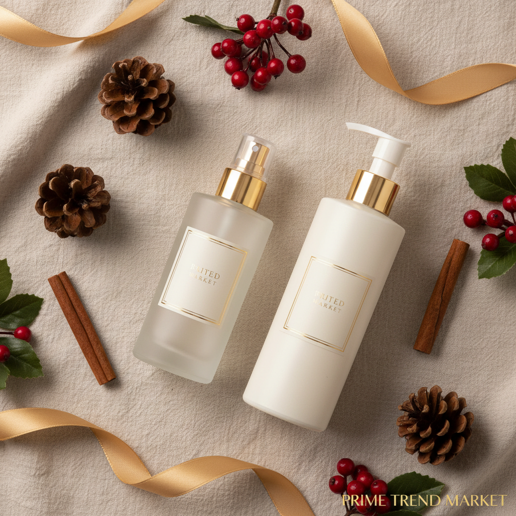 Flat lay of body care set on cream linen with pine cones, cinnamon and gold ribbon
