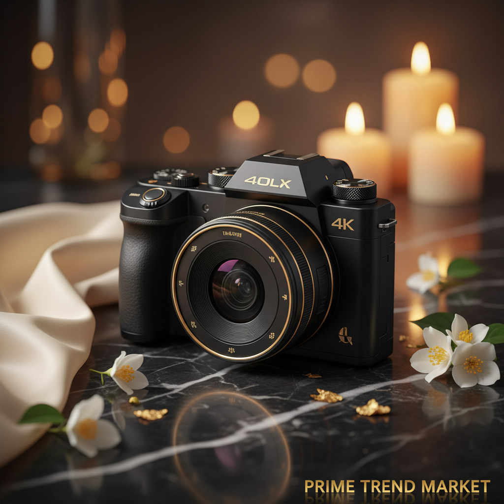4K 64MP Creator Camera on black marble with jasmine flowers and gold accents — Prime Trend Market