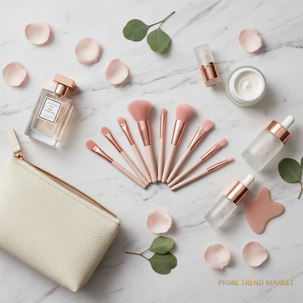 10-piece rose gold makeup brush set with cosmetic bag and skincare on marble vanity