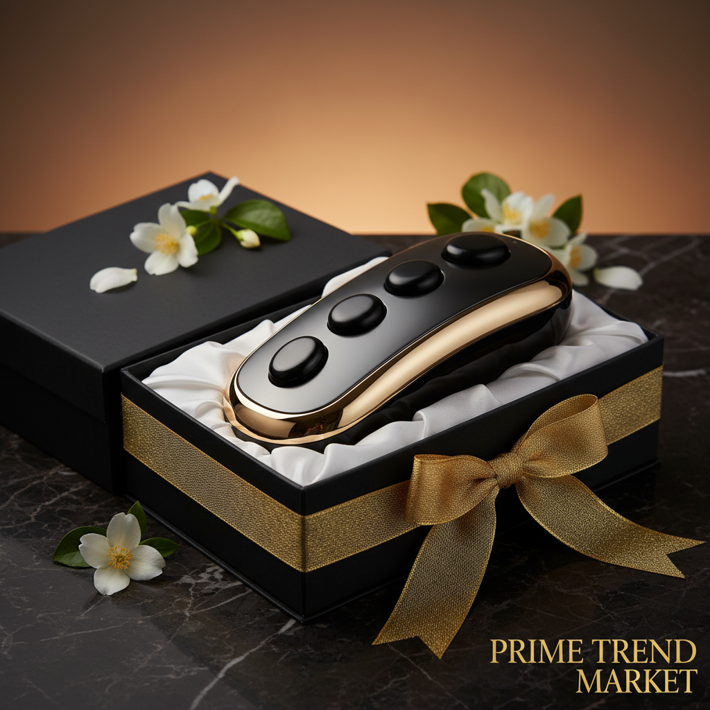 Luxury electric abdominal massager hot compress stone in matte black gift box with jasmine petals and amber light