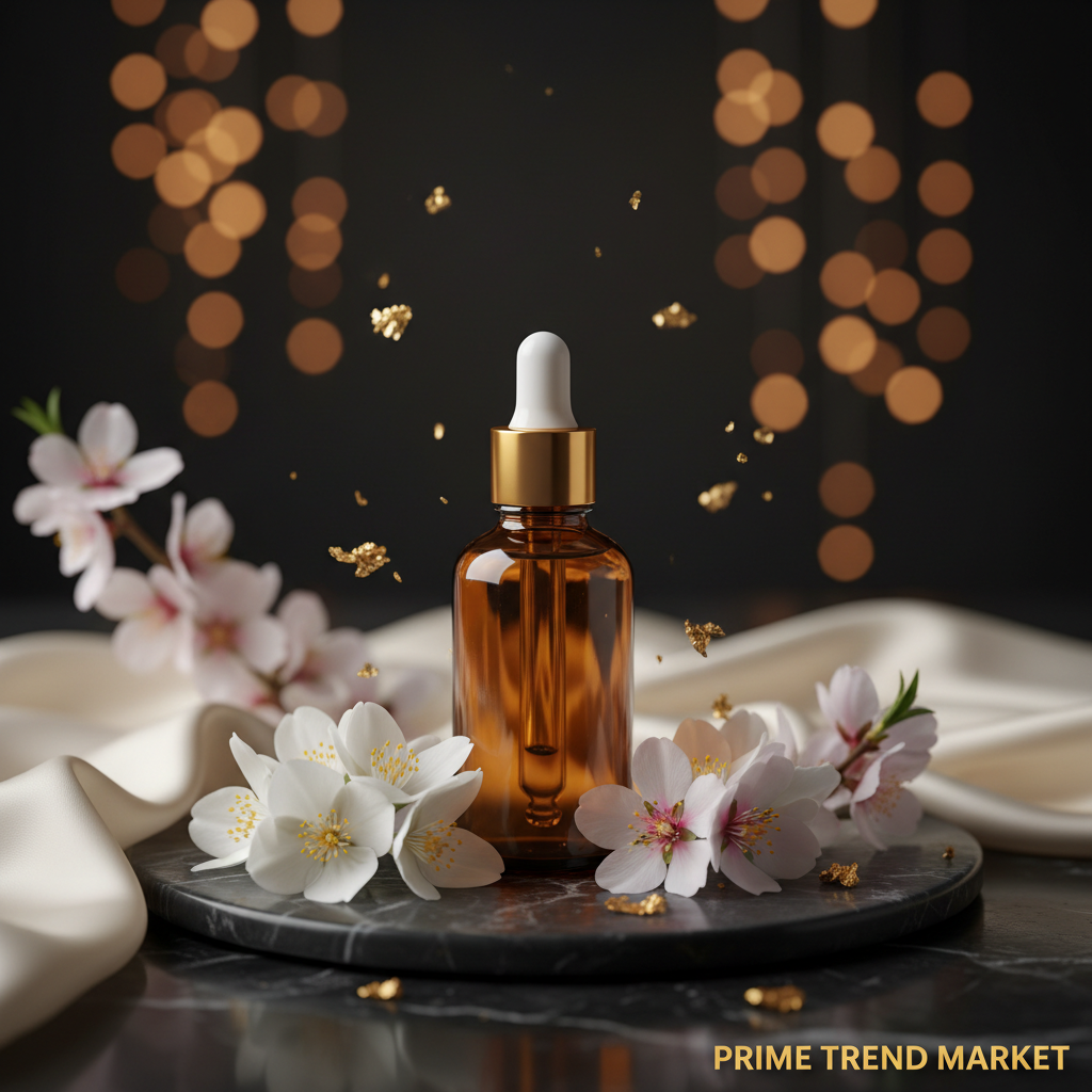 Luxury Daily Body Massage Oil 100ml hero shot on dark marble with jasmine and almond blossoms