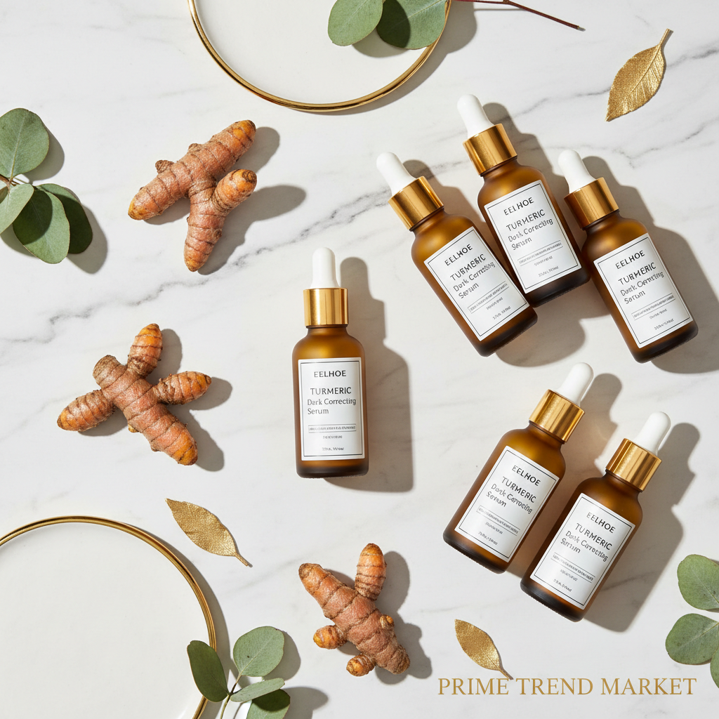 EELHOE turmeric serum bundle set on marble with turmeric roots and gold accents — Prime Trend Market