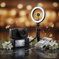 4K vlogging camera, selfie stick tripod and magnetic power bank on dark marble
