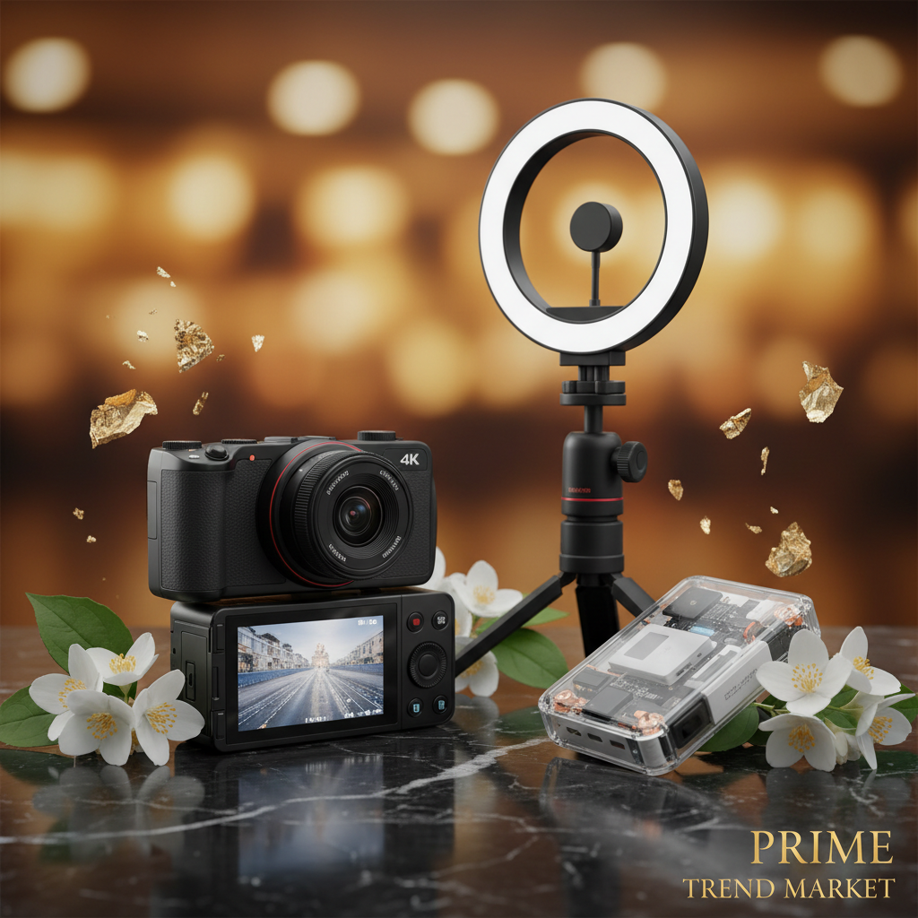 4K vlogging camera, selfie stick tripod and magnetic power bank on dark marble