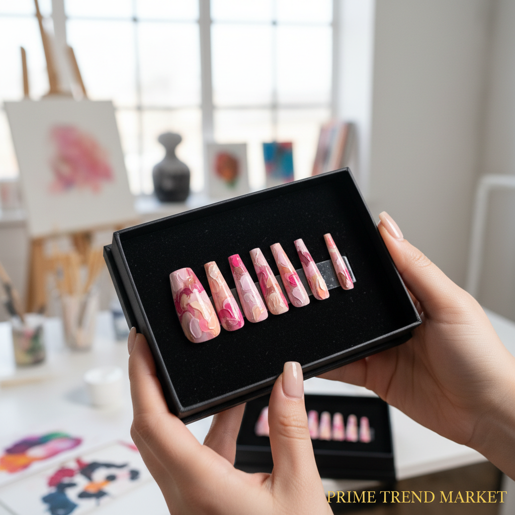 Graffiti oil painting press-on nails gift box in bright studio setting