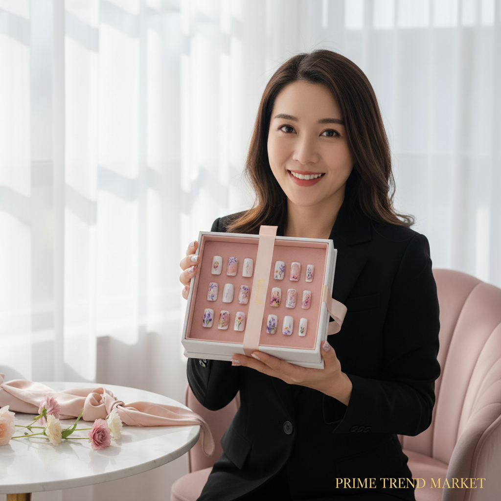 French flower press-on nails gift box in blush pink studio setting