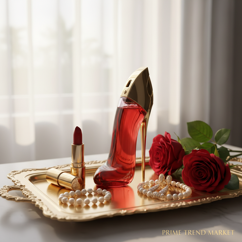 Red high-heel perfume on vanity tray with lipstick and pearl jewelry