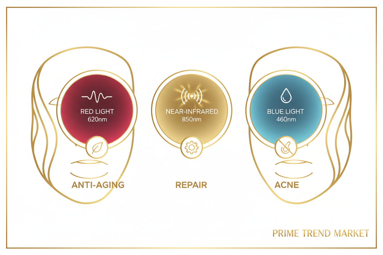 LED face mask 3 modes: Red Light 620nm anti-aging, Near-Infrared 850nm repair, Blue Light 460nm acne — Prime Trend Market