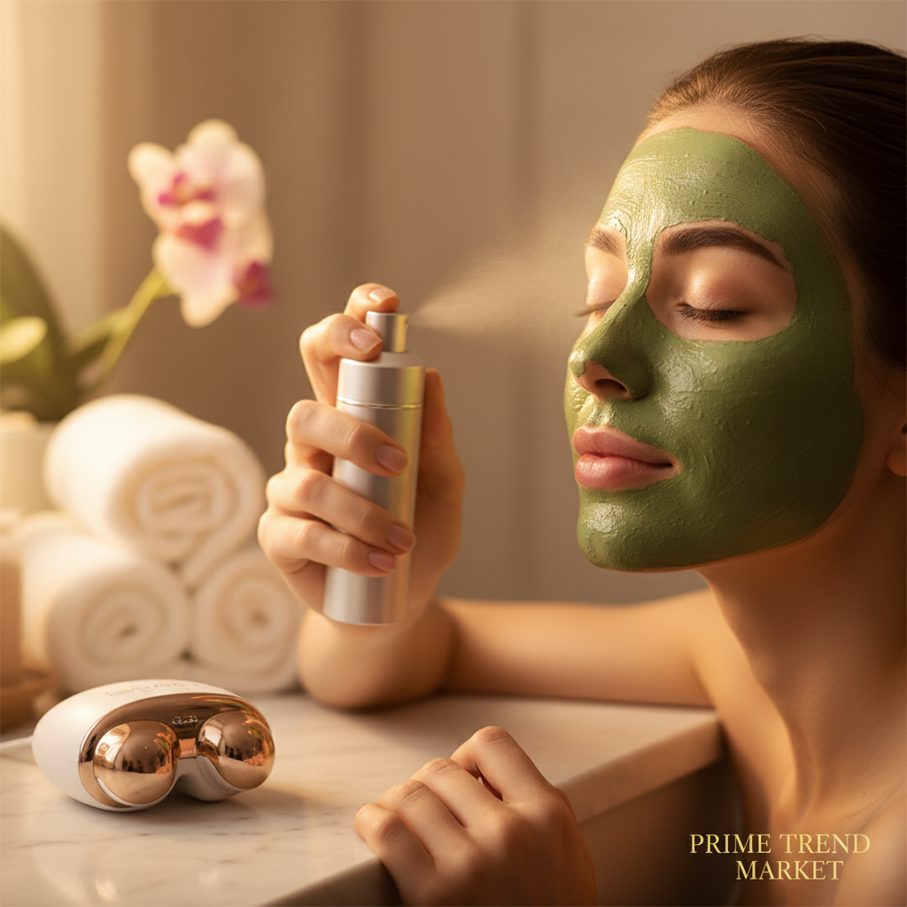 Woman with green tea mud mask and nano mist