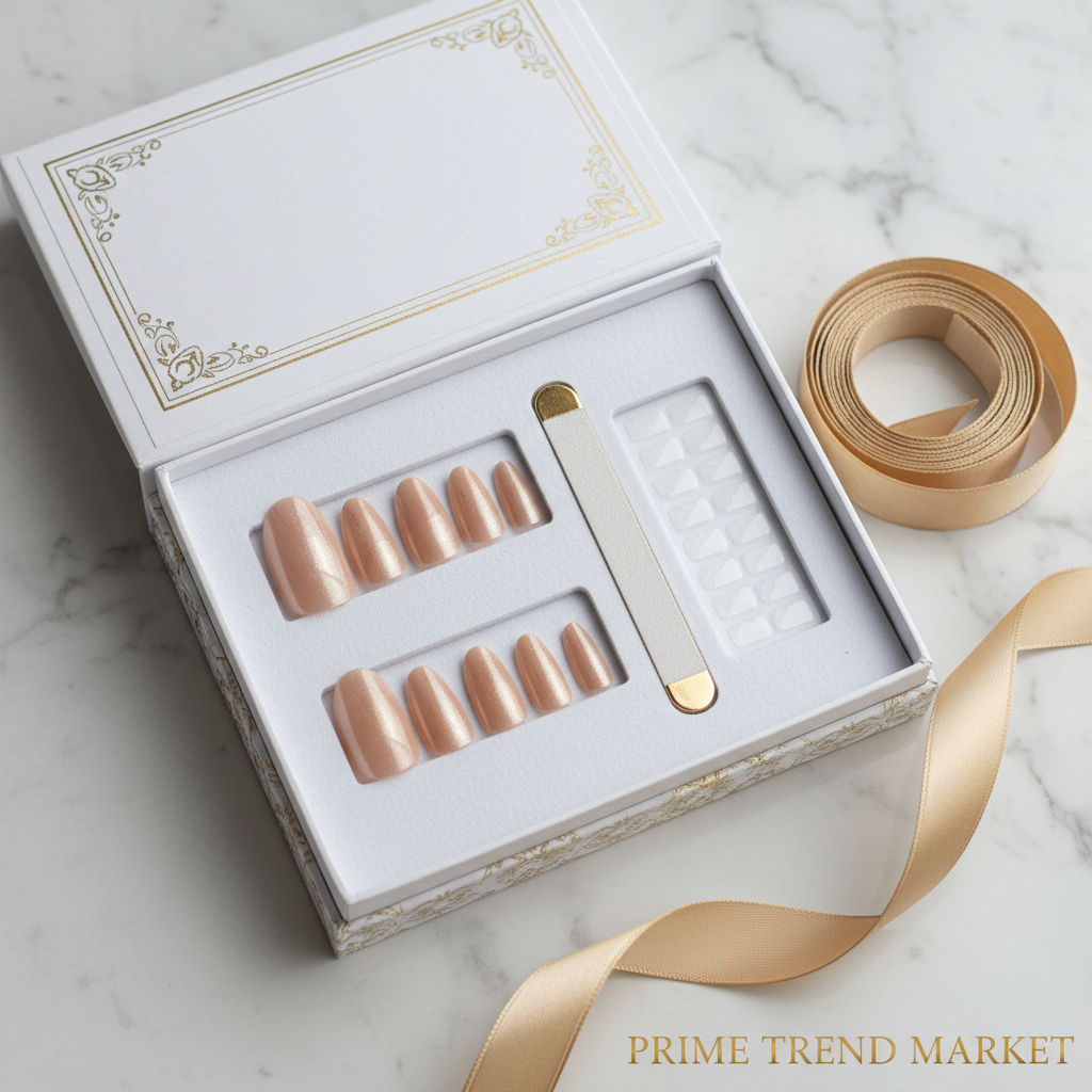 Luxury press on nail gift set unboxing with gold ribbon on white marble