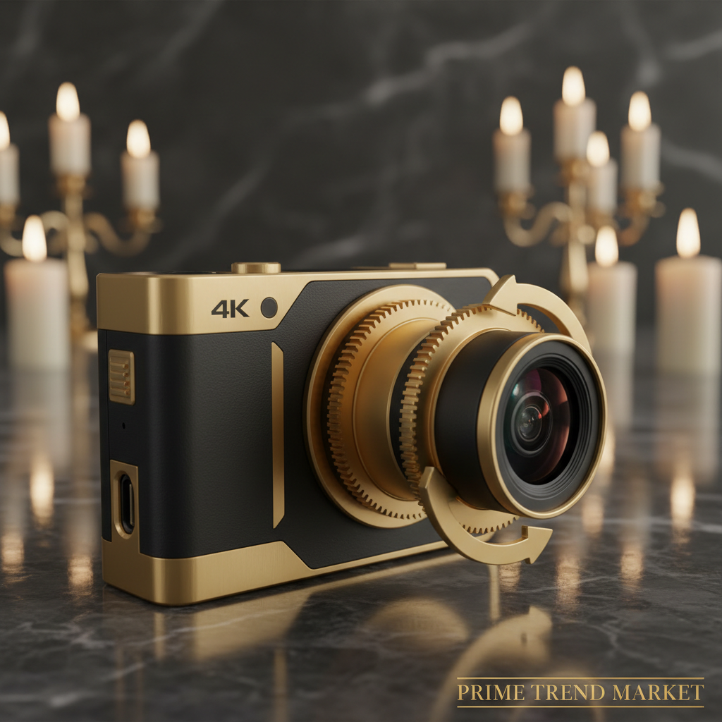 270° rotating lens mechanism close-up on dark marble luxury product shot