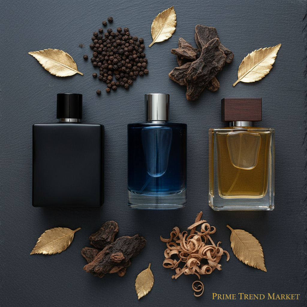 Men's Niche Fragrance 3 bottles fragrance notes flat lay - Prime Trend Market