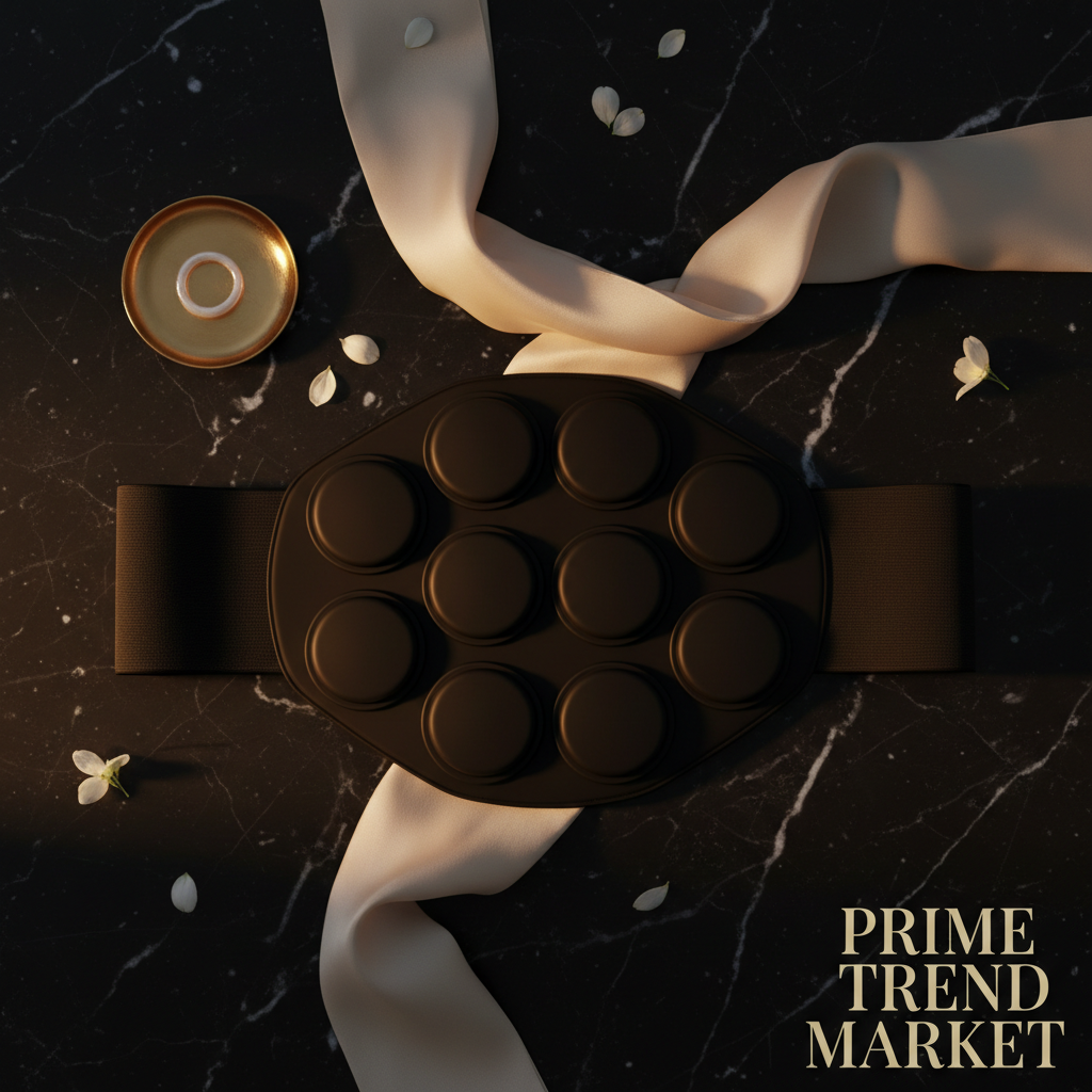 Luxury smart EMS abdomen belt body sculptor flatlay on dark marble with gold dish jasmine petals and cream silk