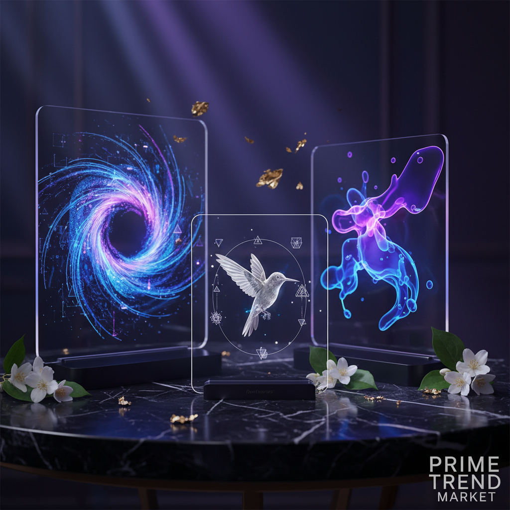 Three 3D holographic displays with futuristic lighting on dark marble