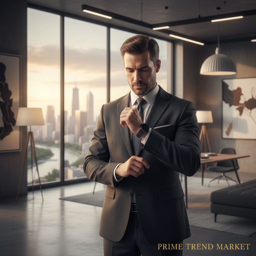 Professional businessman in suit checking smartwatch in modern office