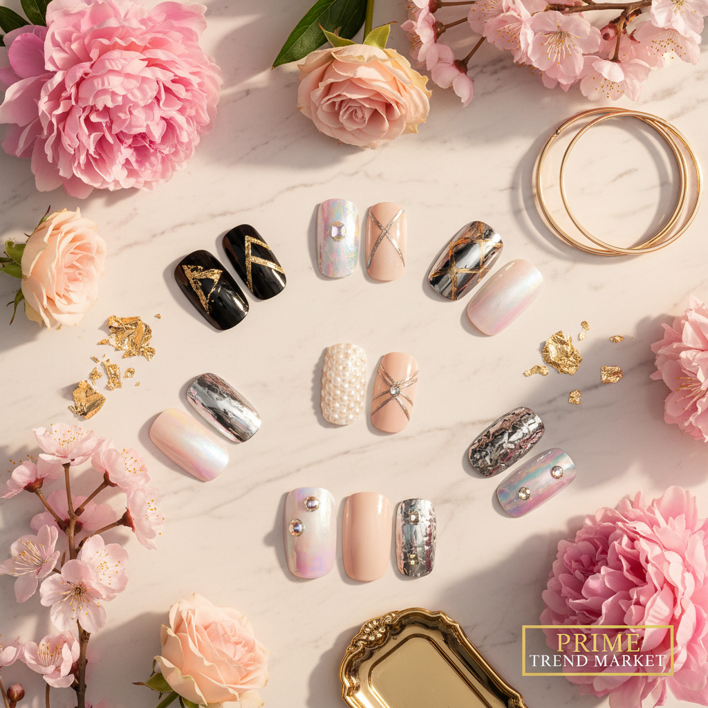 Press-on nail patches marble flatlay with flowers