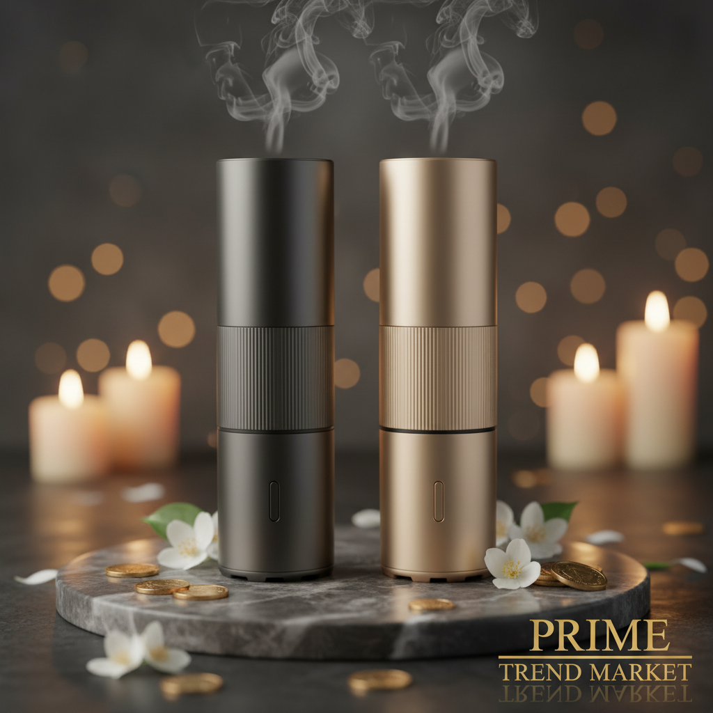 Three luxury aroma diffusers in gunmetal black silver and champagne gold on marble pedestal