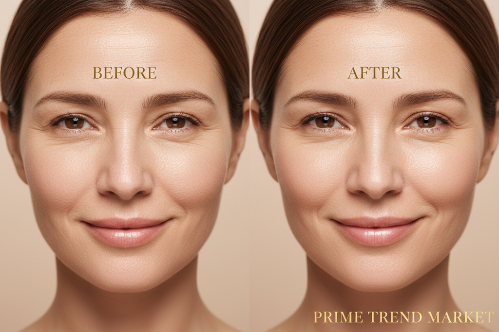 Before and after showing reduced crow's feet and smile lines after using EELHOE peptide serum — Prime Trend Market