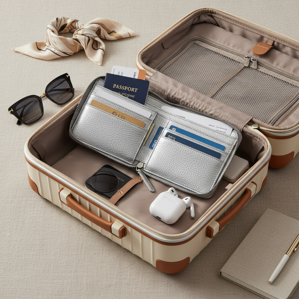 Silver passport wallet in luxury carry-on suitcase with travel essentials