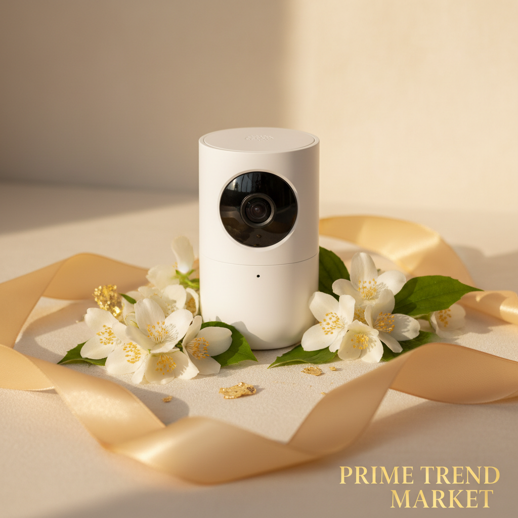 GuardView HD WiFi Mini Camera surrounded by jasmine flowers on ivory surface