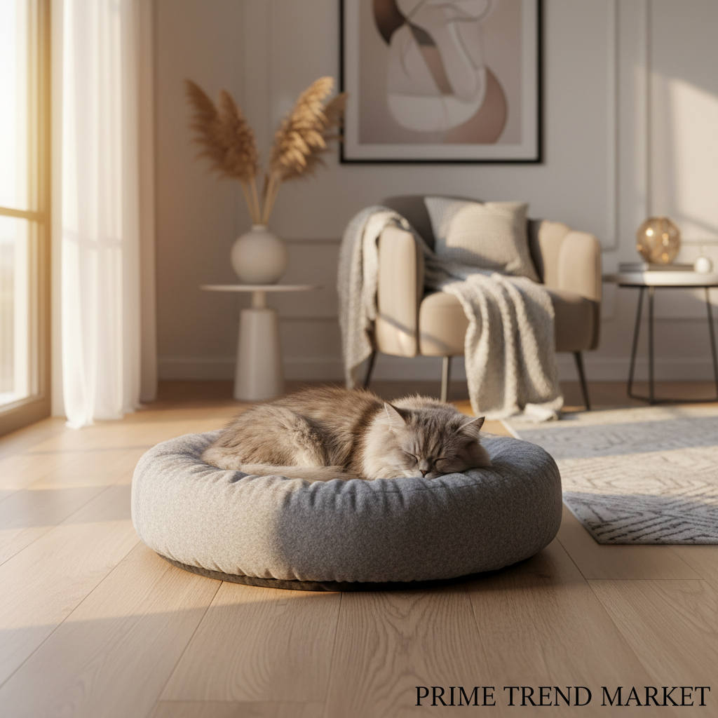 Fluffy grey cat sleeping inside premium lamb wool round donut pet bed in luxury home