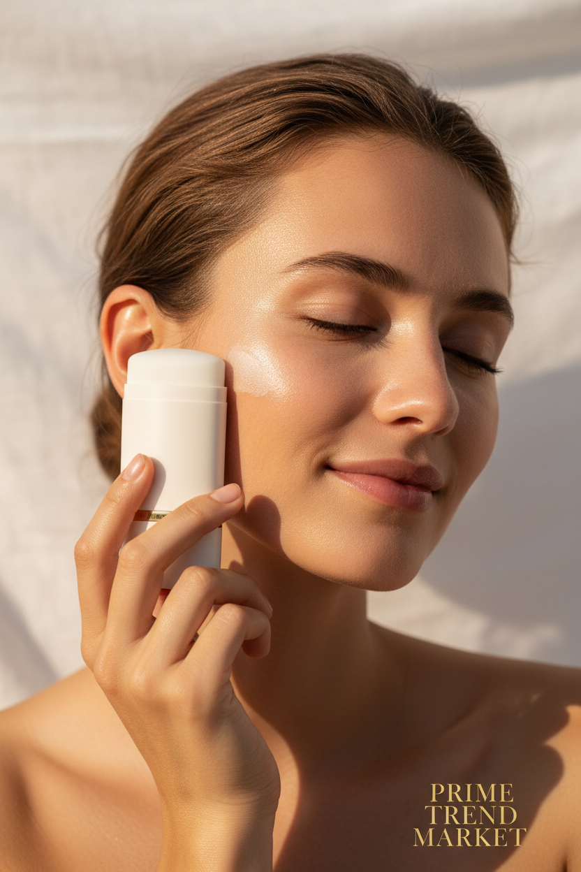 Woman applying Jaysui matte sunscreen stick to cheek in golden summer sunlight — Prime Trend Market