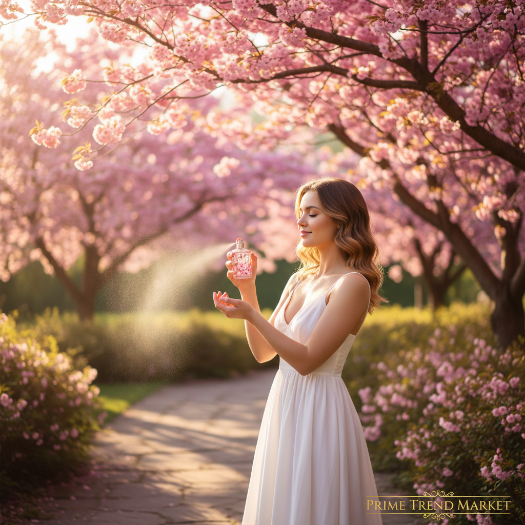 Woman spraying cherry blossom perfume in sunlit sakura garden