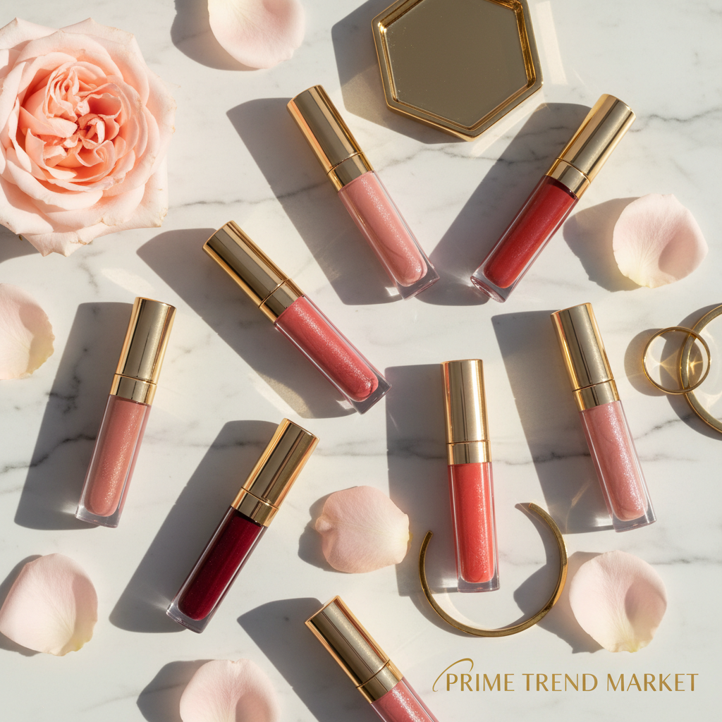 Double head lip gloss marble flatlay with roses