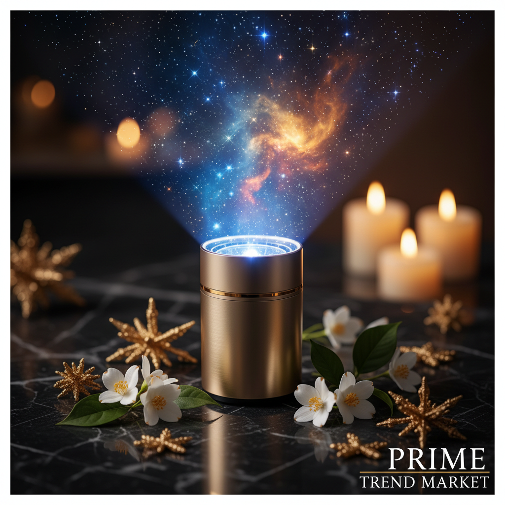 Luxury starry sky projection night light on dark marble with galaxy stars and jasmine flowers