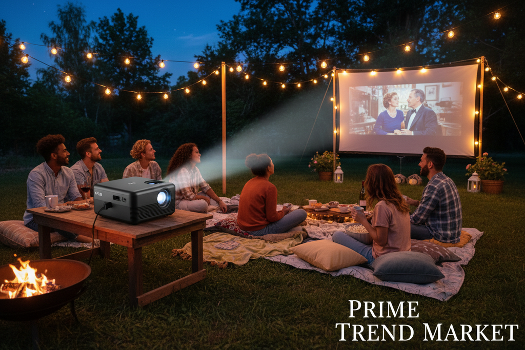HY320 Mini Projector outdoor movie night setup with friends on blankets — Prime Trend Market