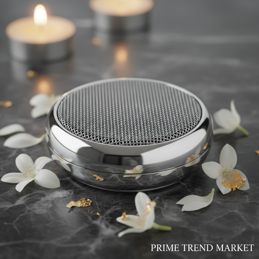 Silver mini compact Bluetooth speaker close-up premium grille with jasmine and gold — Prime Trend Market