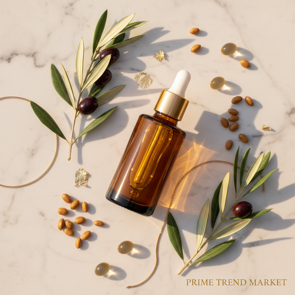 Skincare body oil bottle on marble with olive branches, jojoba seeds and vitamin E capsules — Prime Trend Market